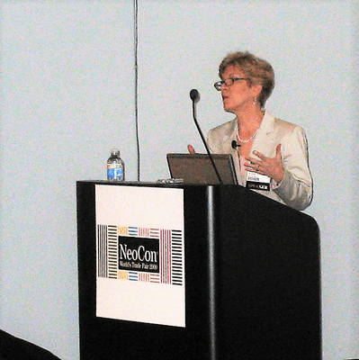 Evangeline speaking at a conference.