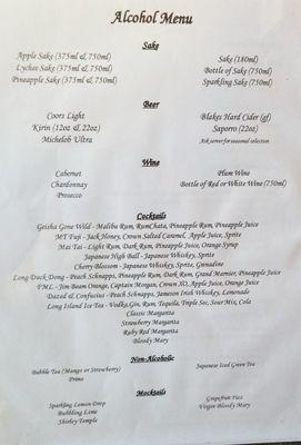 Alcohol menu