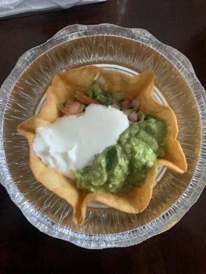 Side of Guac, sour cream, and pico for the Santa Fe chicken salad...