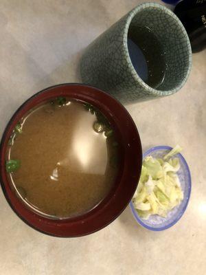 Miso soup, hot tea and pickled cabbage included