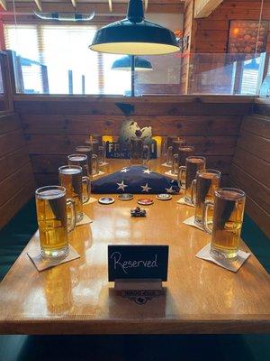 The table decorated for Memorial Day.