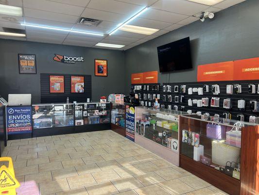 The inside of the boost mobile store showing what you'll see when you walk in.