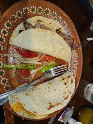 Arrachera fajita taco (on maiz) and bean and cheese (on flour)