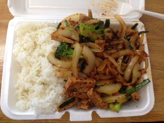 TOGO ORDER: Mongolian tofu (ordered extra spicy) with white rice. $5.15 for this huge portion.