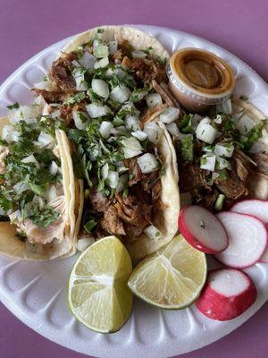 Carnitas tacos and 1 Pollo taco @ Tu Taqueria.