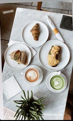 Clockwise: Pistachio croissant, Avocado toast with scrambled eggs, Matcha latte with oat milk, Nutella Latte and Avocado wrap!