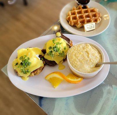 Surf and Turf Benny with Side of Cheesy Grits (Crab Cake and Steak)