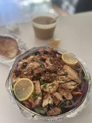 Fattoush salad with added chicken shawarma + lentil soup