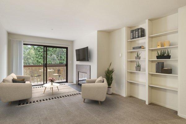 living room, fire place, top floor and sliding doors out to patio