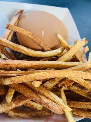 Plain burger with fried onions and fries