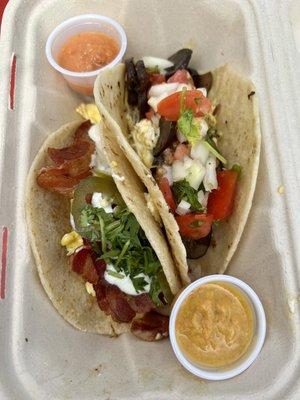 From North Beach farmers market: Maple bacon (L) and Fried mushroom (R) breakfast tacos