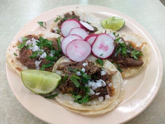 Tacos de Birria. Meat was tender and juicy. Tortillas were heated perfectly, nice touch.