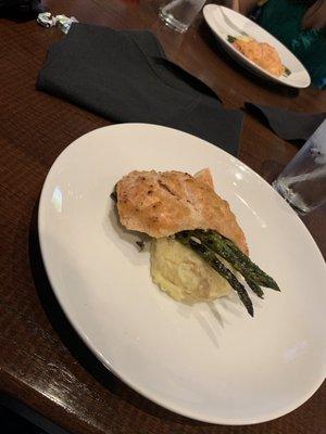 Salmon, garlic mashed potatoes, and asparagus