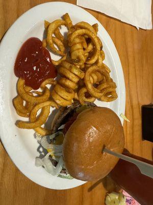 Cheeseburger and curly fries