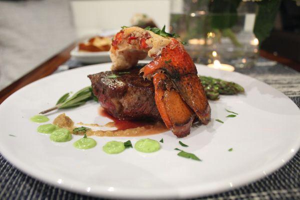 Our Surf & Turf served with edamame and onion puree.