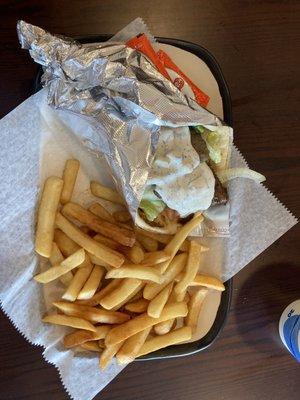 Lamb and beef gyro with fries