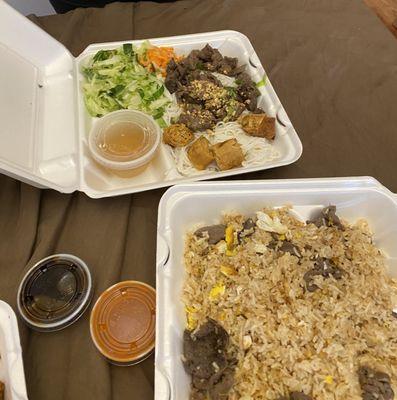 Beef & eggroll vermicelli and beef fried rice. Beef was very dry & chewy.