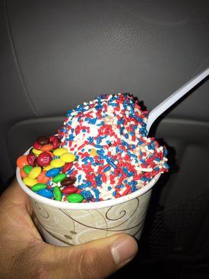 Medium chocolate and vanilla soft serve twist with M&M's