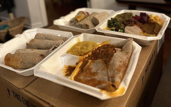 Fish dulet, injera, lentils, Awaze Beef Tibs