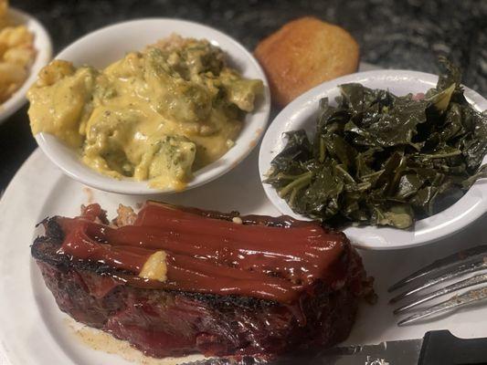 Meatloaf with broccoli casserole and collard greens and it came with a muffin. Food was delicious