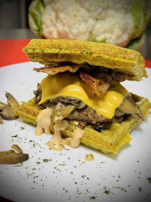 Thrive's Bacon Mushroom Melt, with a cauliflower waffle substitute as a low carb bun.