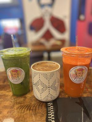 Fresh squeezed juices (green juice & carrot/orange combo) and mocha latte.