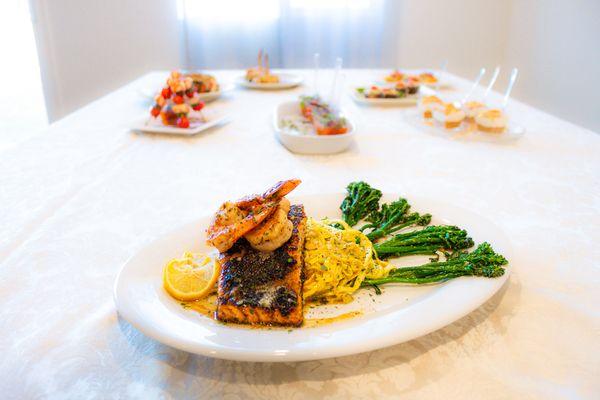 Grilled Marinated Salmon over Garlic Zucchini Noodles w/Sautéed Broccolini Topped w/ Jumbo Garlic Lemon Dill Shrimp