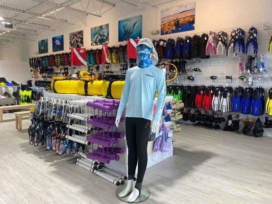 Wide selection of apparel and snorkeling gear.