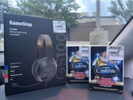 GameStop wired gaming headset and two Disney Cinderella collectible characters