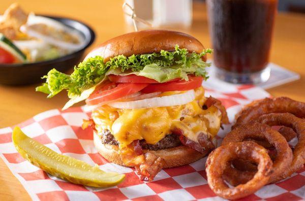 Cheese curd burger with onion rings