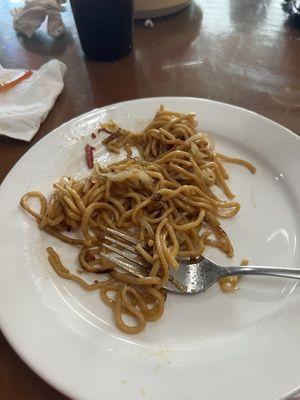 This photo is a play with chow mein and a fork.