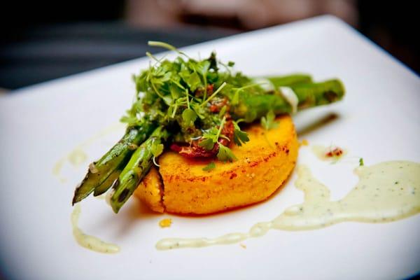 Sun-Dried Tomato Pesto Polenta Stack with Asparagus Spears