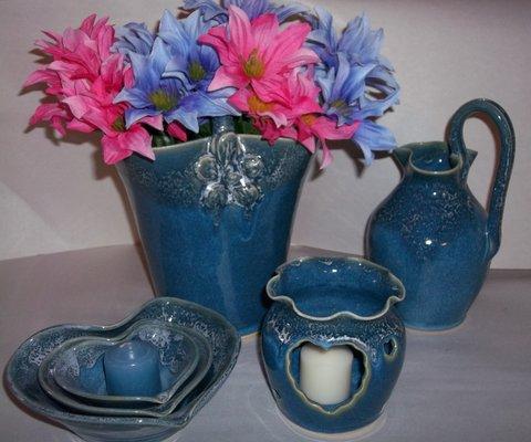 Latham's Pottery Hand Turned Seagrove Pottery color  Blue Monday with Lace