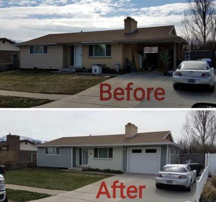 Complete exterior remodeling. Wow what a difference. A little paint, a little siding, a little garage door, a vinyl gate.  Looks great!