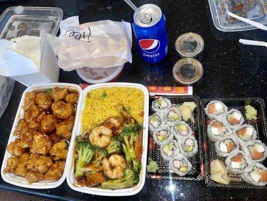 Shrimp with Broccoli, general tso's chicken, sushi and crab ragoons.