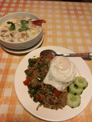 Tom Kha Chicken and spicy Thai basil chicken rice with egg.