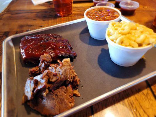 2 meats - brisket and ribs with 2 sides - baked beans and mac & cheese