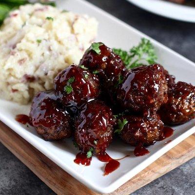 Bourbon Glazed Wild Rice Meatballs with Garlic Mashed Potatoes