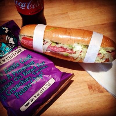 How good does that look?! Yum! #Torpedo, everything in it.  $4.75 #morenamarket #sandwich #cocacola #dirtychips