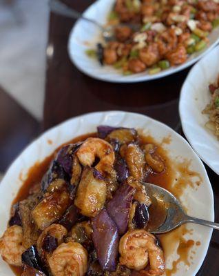 Chinese eggplant with jumbo shrimps in garlic sauce