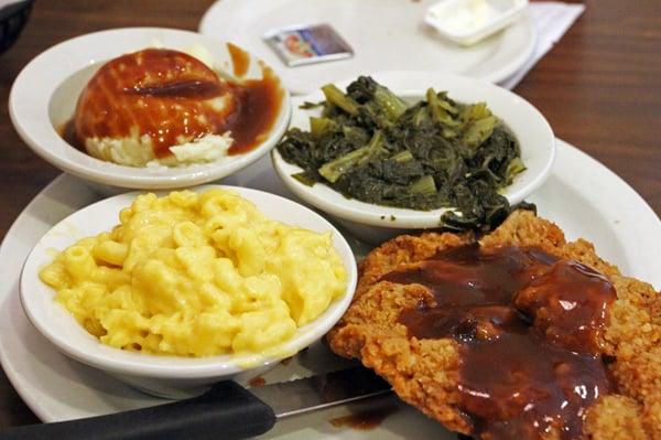 Country Fried Steak, Mac & Cheese, Turnip Greens, Mashed Potatoes and Gravy