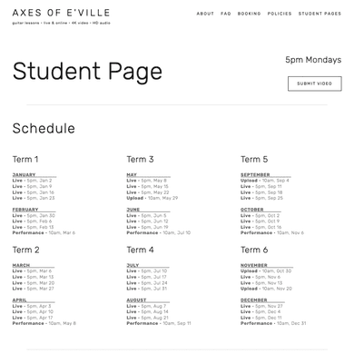 Student page example: This is the schedule section of a sample student page.