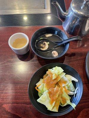 Salad and mushroom broth soup