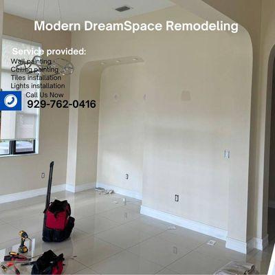 Wall painting and ceiling painting 
Tiles installation 
Lights installation