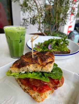 BTLA Sandwich with an iced honey lavender matcha latte; great hearty sandwich and loved the iced latte!