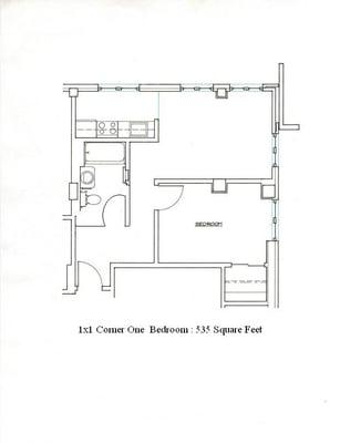 1x1 Corner One Bedroom Floor Plan B