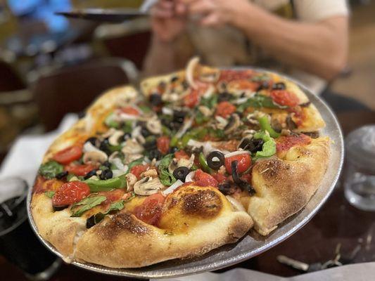 Veggie Pizza (no cheese, no green olives - sub jalapeños, sub garlic) neither substitutes present