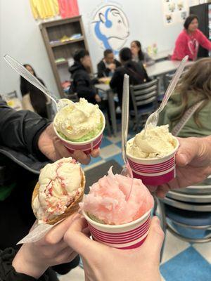 Key Lime, strawberry cheesecake, butter pecan, birthday cake, and coconut ice cream, and strawberry lemonade sherbert.