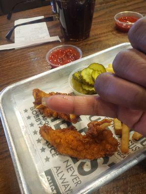 Chicken finger the size of your pinky