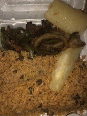 Steak & Onions w/ black beans , rice